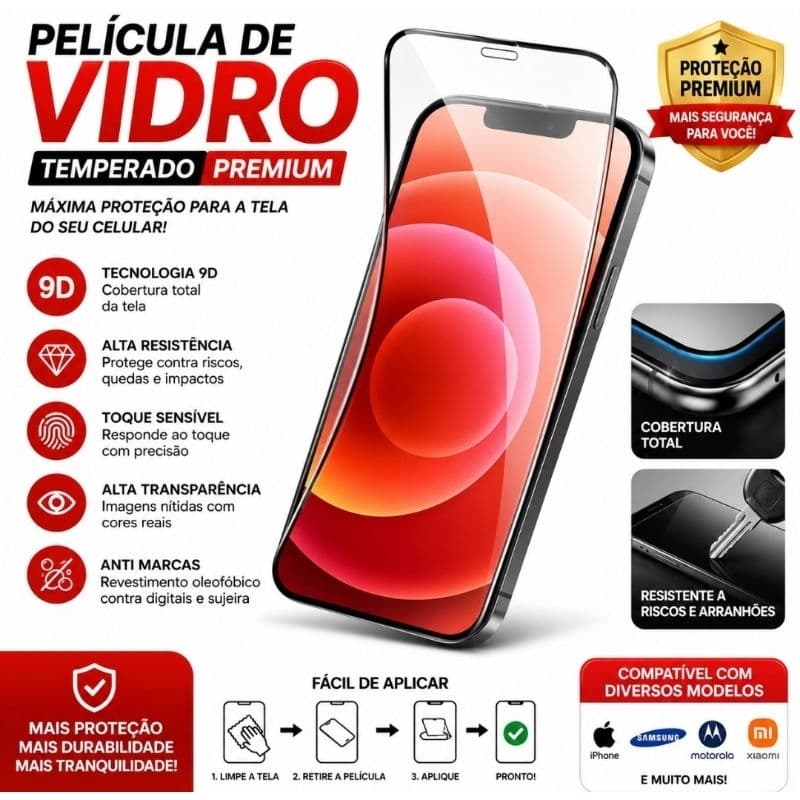 Película de Vidro 9D 3D para Celular Proteção Tela Premium Diversos Modelos.