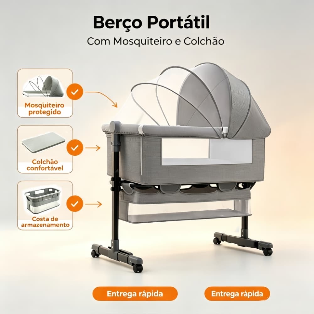 Berço Portátil Moises Co-bed Com Balanço Mosquiteiro e Cesto Regulagem de Altura
