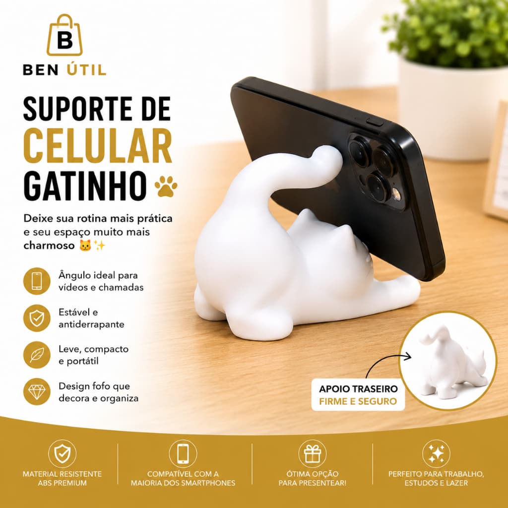 Suporte para Celular de Mesa Gatinho Fofo Porta Celular Smartphone Organizador de Mesa Decorativo Suporte para iPhone