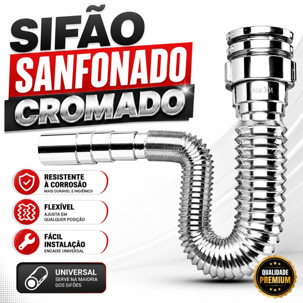 Sifão Cromado Universal Sanfonado Flexível Para Pia Cozinha Banheiro Tanques