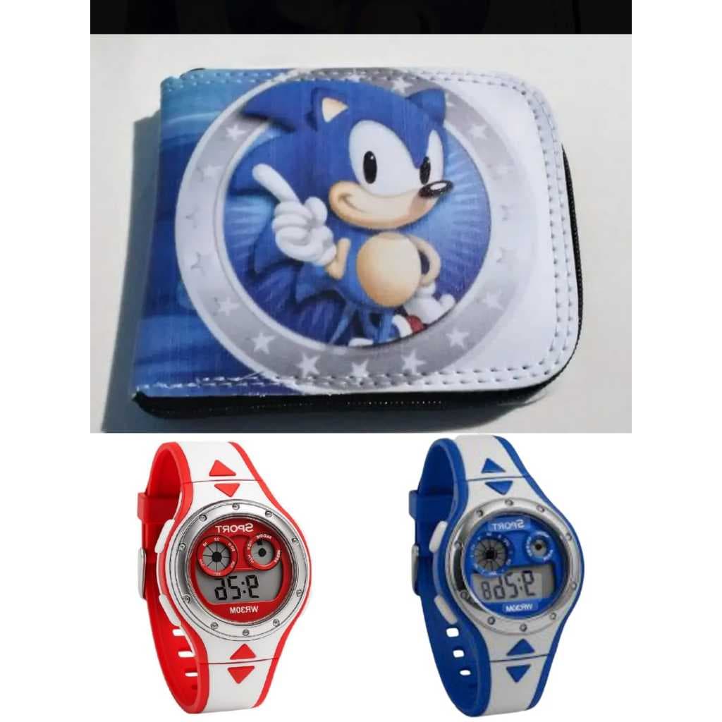 Carteira infantil masculino do Sonic e relógio digital de led e cronometro seu filho merece .