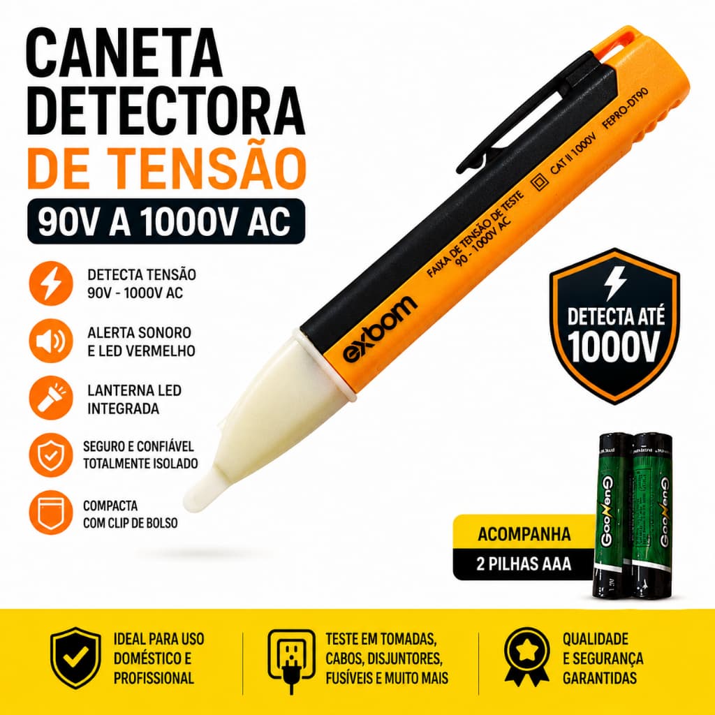 Caneta Detectora De Tensão Digital 90V 1000V AC Com Led