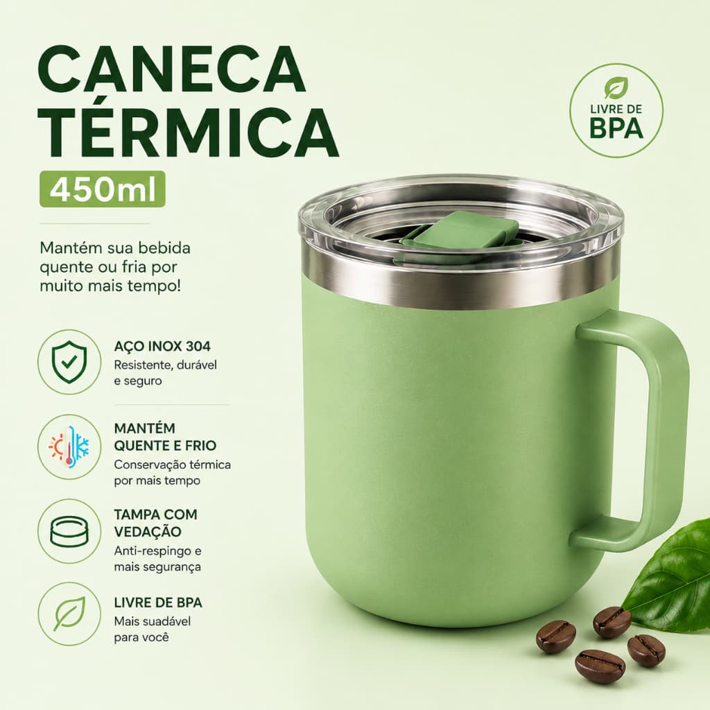Caneca Térmica Inox 450ml Com Tampa Quente e Gelado Ideal Para Café e Chá