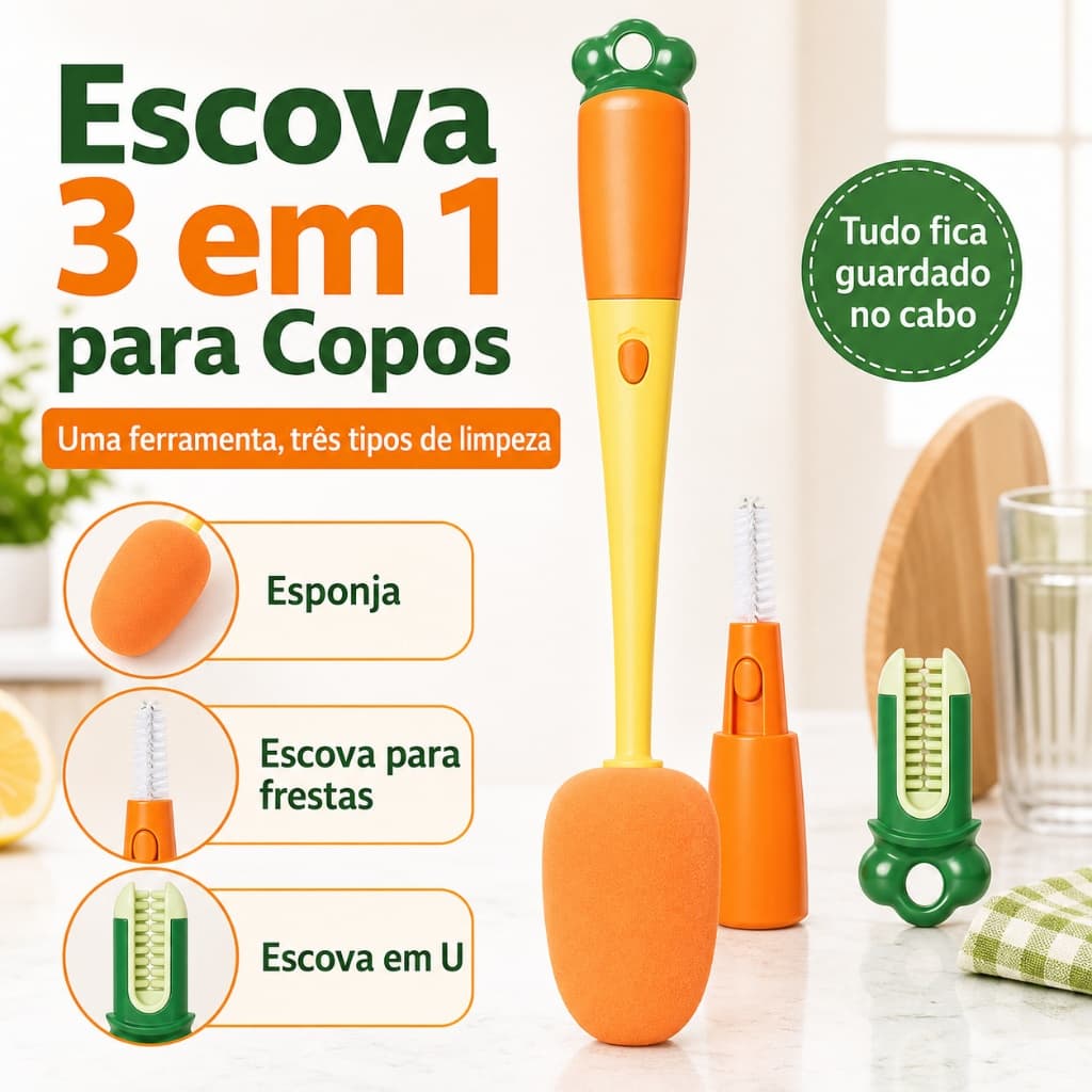 Escova Multiuso 3 em 1 para Garrafas, Copos e Tampas, Cabo Longo 28 cm, Esponja e Limpador de Frestas, Formato Cenoura