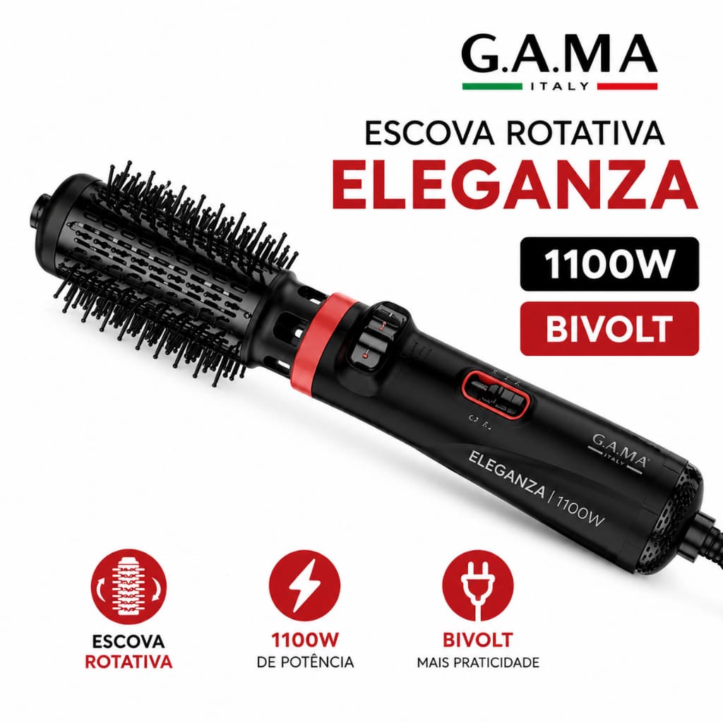 Escova Rotativa Gama Eleganza 1100W Bivolt | Modela, Seca e Dá Brilho aos Fios