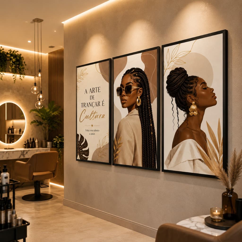 Kit Quadros Trancista Afro Decoração Salão Beleza Luxo 3 Peças