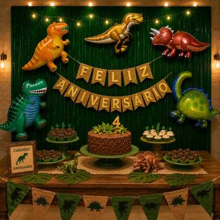Decoração de Festa menino Dinossauro 2 cortinas Metalizado 5 Balões Dinossauro + Feliz Aniversário