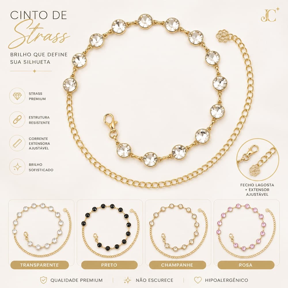 Cinto corrente feminino detalhes em strass coloridos Tam 110cm