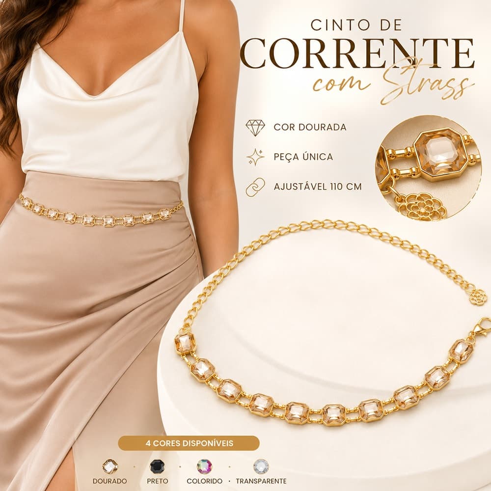Cinto de Cintura Feminino com Strass Brilhante Corrente Dourada Ajustável Acessório de Moda Festa Praia