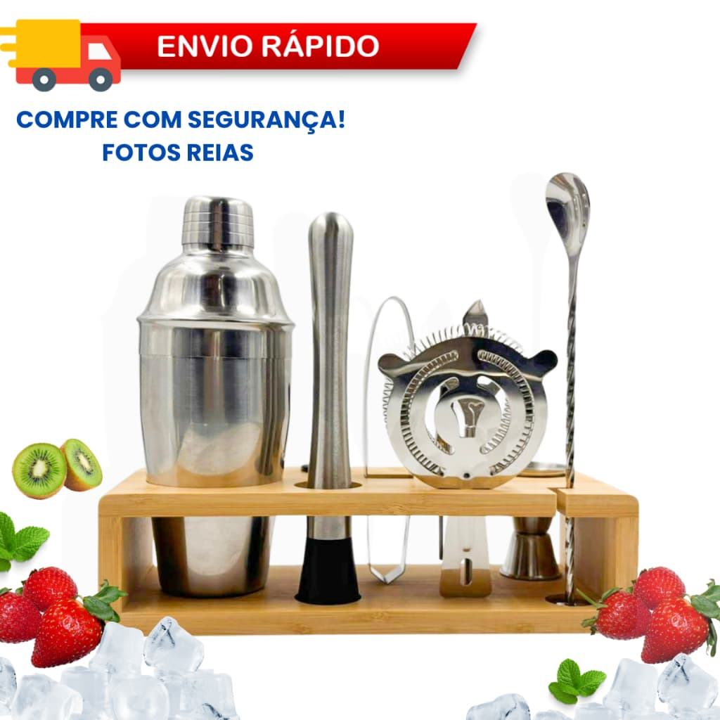 Kit Bartender Coqueteleira Profissional 9 Peças Marrom Para Fazer Drinks