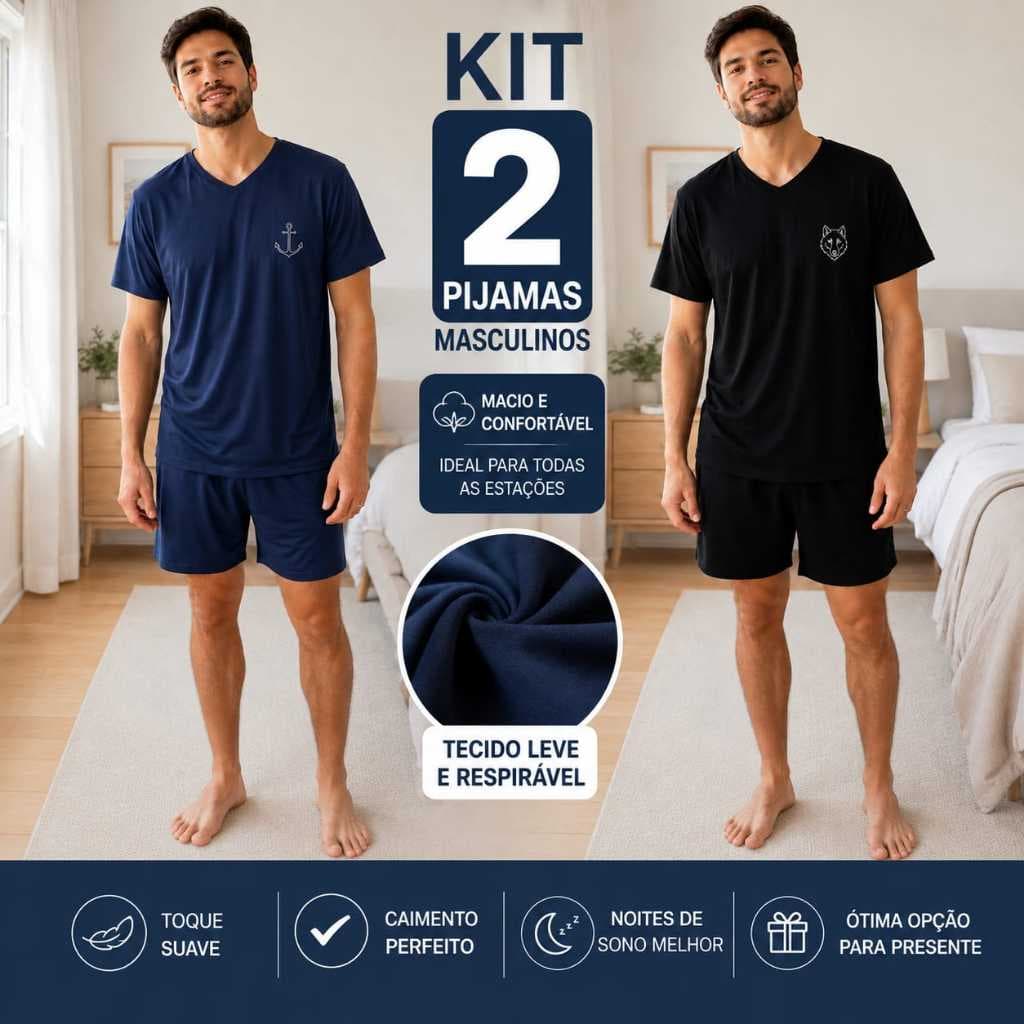 KIT 2 Pijamas Masculino Verão Adulto Camiseta Gola V e Bermuda em Suede Premium Conforto Total