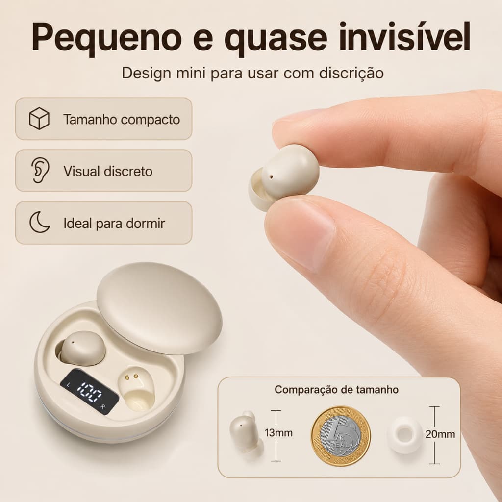 Q20 mini Fone Bluetooth Pequeno e Discreto, Ideal Para Dormir, Bluetooth 5.4, Display Digital e Som Hi-Fi