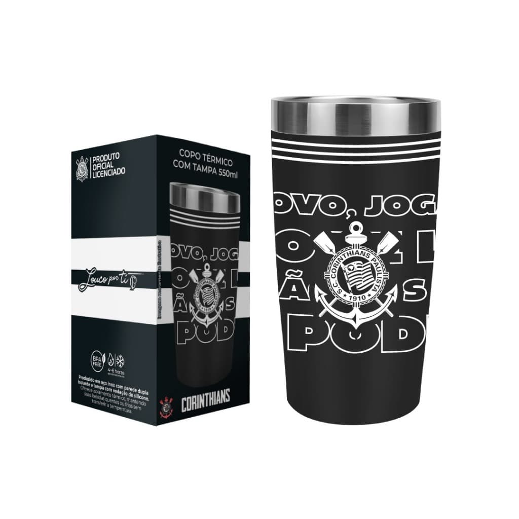 Copo Térmico Corinthians Oficial Licenciado 550ml Inox Com Tampa
