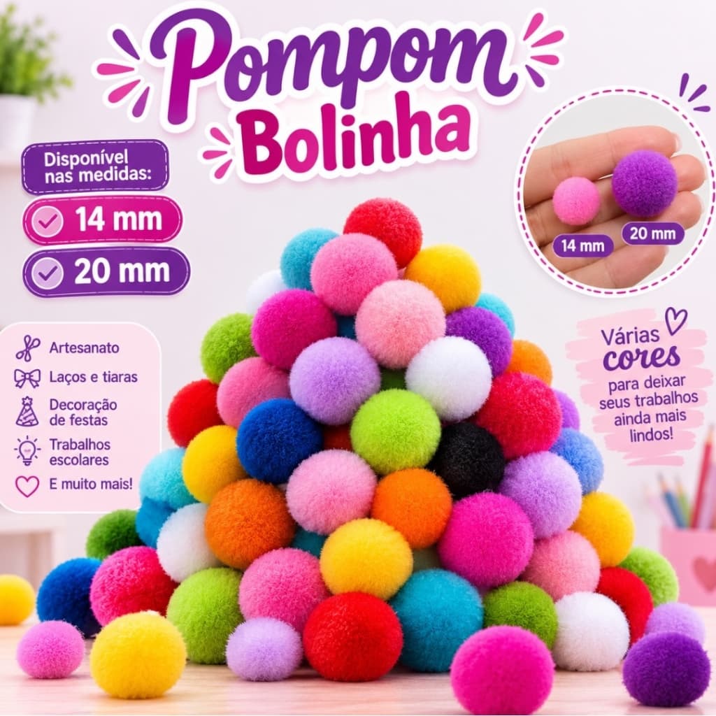 Pompom Bolinha para Artesanato 14mm ou 20mm  contem 100 Unidades Decoração Festa `Personalizados Tiaras