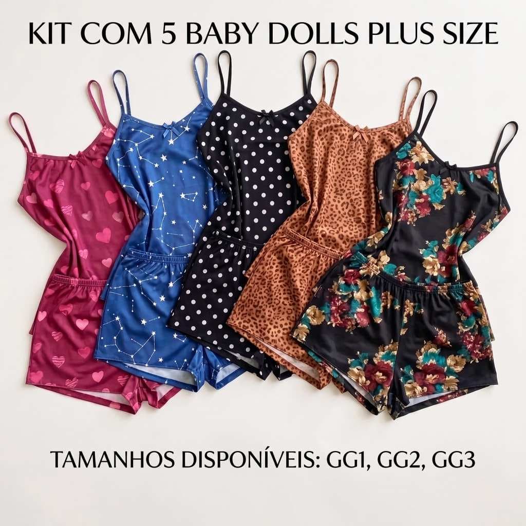 Kit com 5  Baby Doll Plus Size  ESTAMPADO- Conjunto Feminino Pijama  Fresquinho