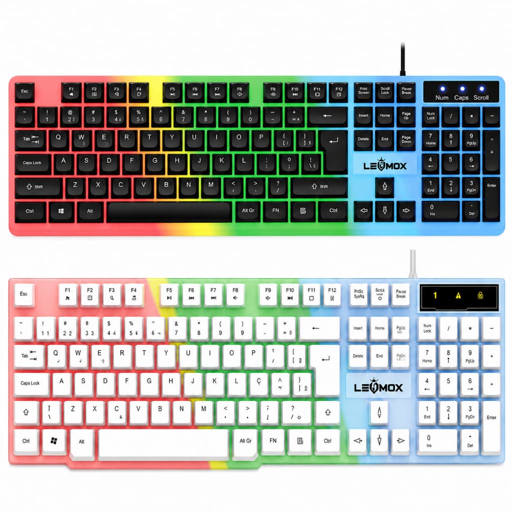 Teclado Gamer RGB USB ABNT2 Semimecânico Preto e Branco LED Colorido para PC e Notebook com Teclas Macias