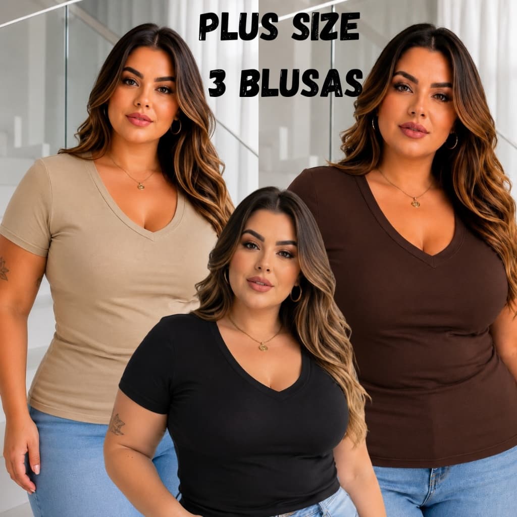 Kit 3 Blusas Femininas Plus Size Gola V Manga Curta Viscolycra Básica Confortável Preta Nude Marrom