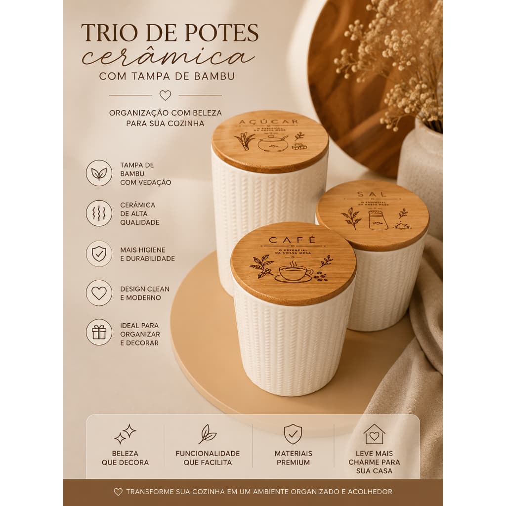 Kit 3 potes dolomita com tampa de bambu zig zag 900ml, 1,2l e 1,5l - Oikos| Tampas personalizadas