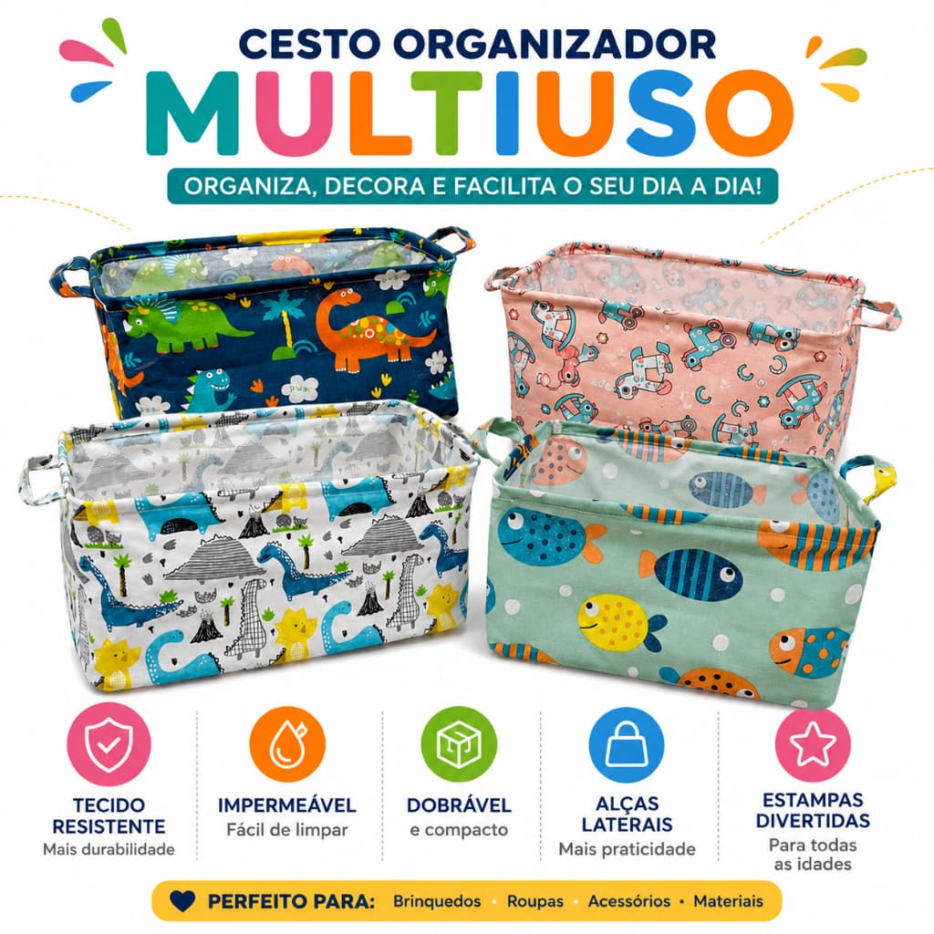 Cesto Organizador Dobrável Infantil de Brinquedos livros Multiuso Animais Retangular