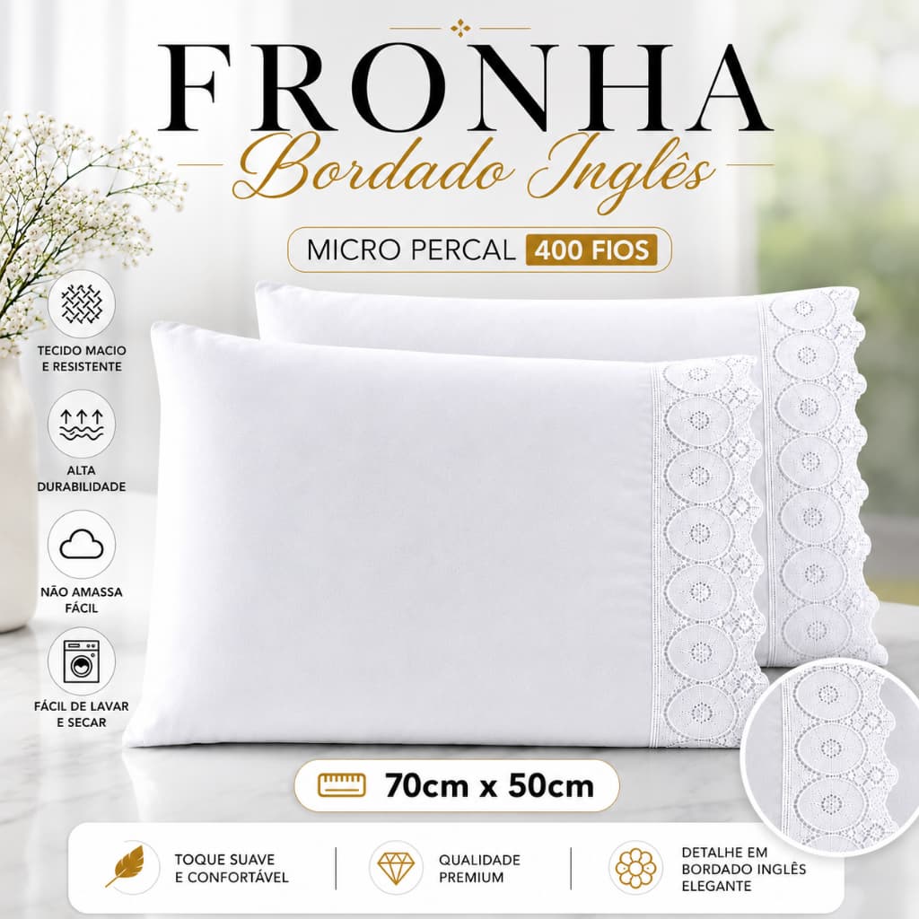 Kit 2 Fronha Bordado Inglês 400 Fios Micro Percal 70x50 Porta Travesseiro Premium Toque Macio Luxo