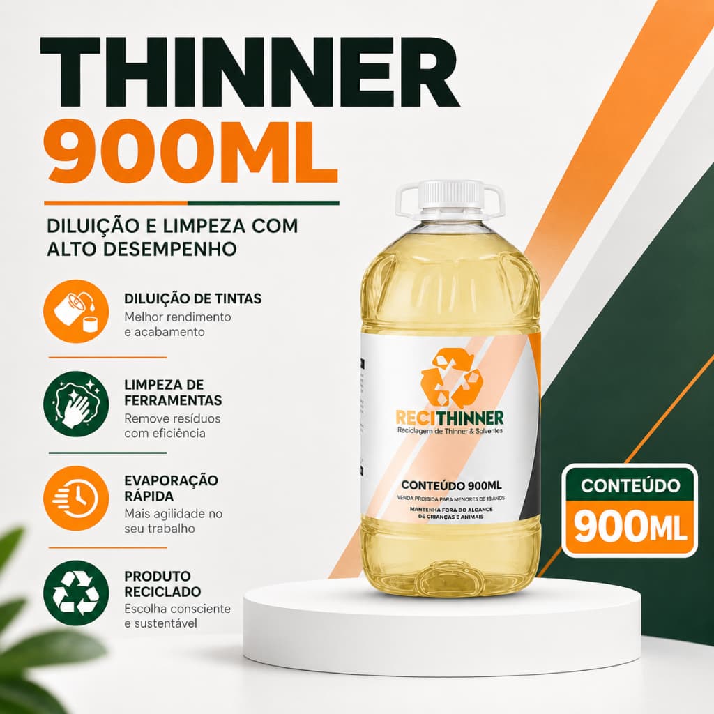 Thinner Recuperado 900ml Solvente Para Limpeza de Ferramentas Peças e Superfícies Pronto Uso