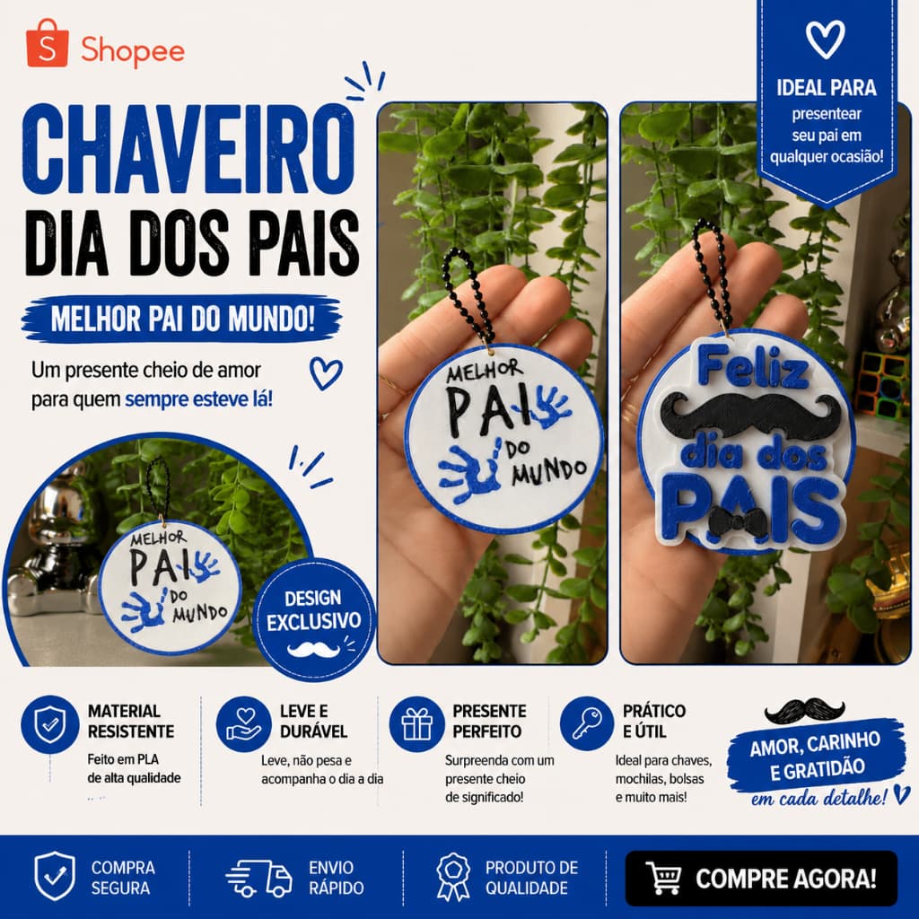 Chaveiro Dia dos Pais Personalizado 3D Melhor Pai do Mundo Feliz Dia dos Pais