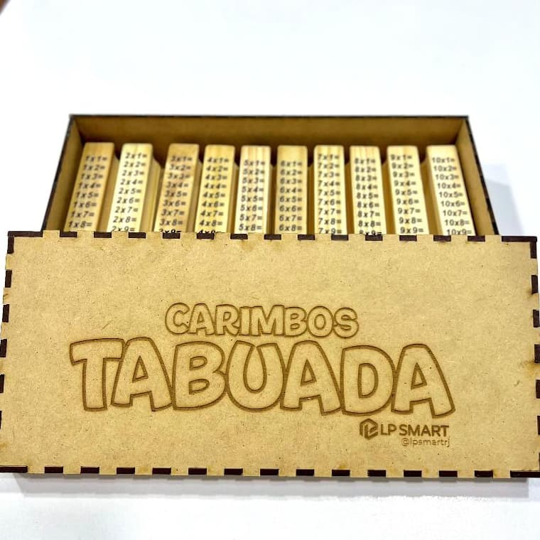 Kit 10 Carimbos Pedagógicos Tabuada 2x8cm com Almofada Tinta Caixa MDF Escolar Professor