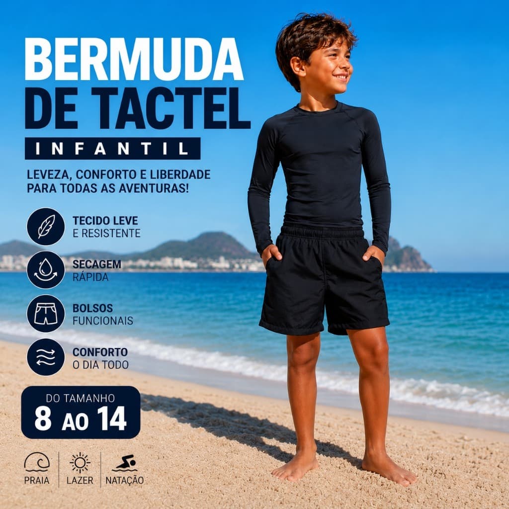 Bermuda Infantil Tactel Menino Leve Confortável Secagem Rápida Praia Piscina Dia a Dia