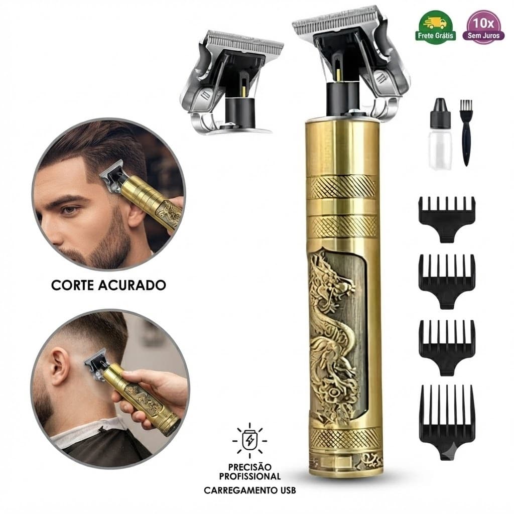 Máquina Cortar Cabelo Acabamento USB Com Display Hair Trimmer Cor Dourada - Profissioal T Blade