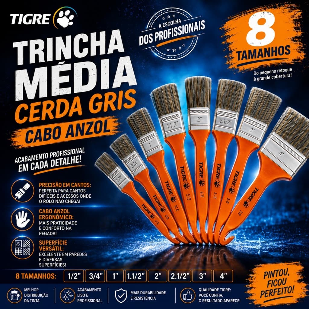 Pincel para Pintura Tigre 695 1/2, 3/4, 1, 1.1/2, 2, 2.1/2, 3 e 4 - Trincha Média Cerda Gris Cabo Anzol