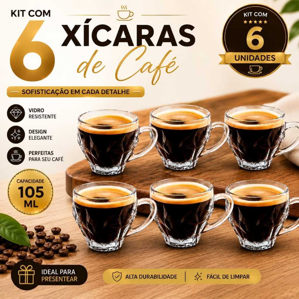 Kit Com 6 Xicaras De Vidro Jogo Cozinha Elegante Resistente Moderna Xicaras De Vidro Cozinha