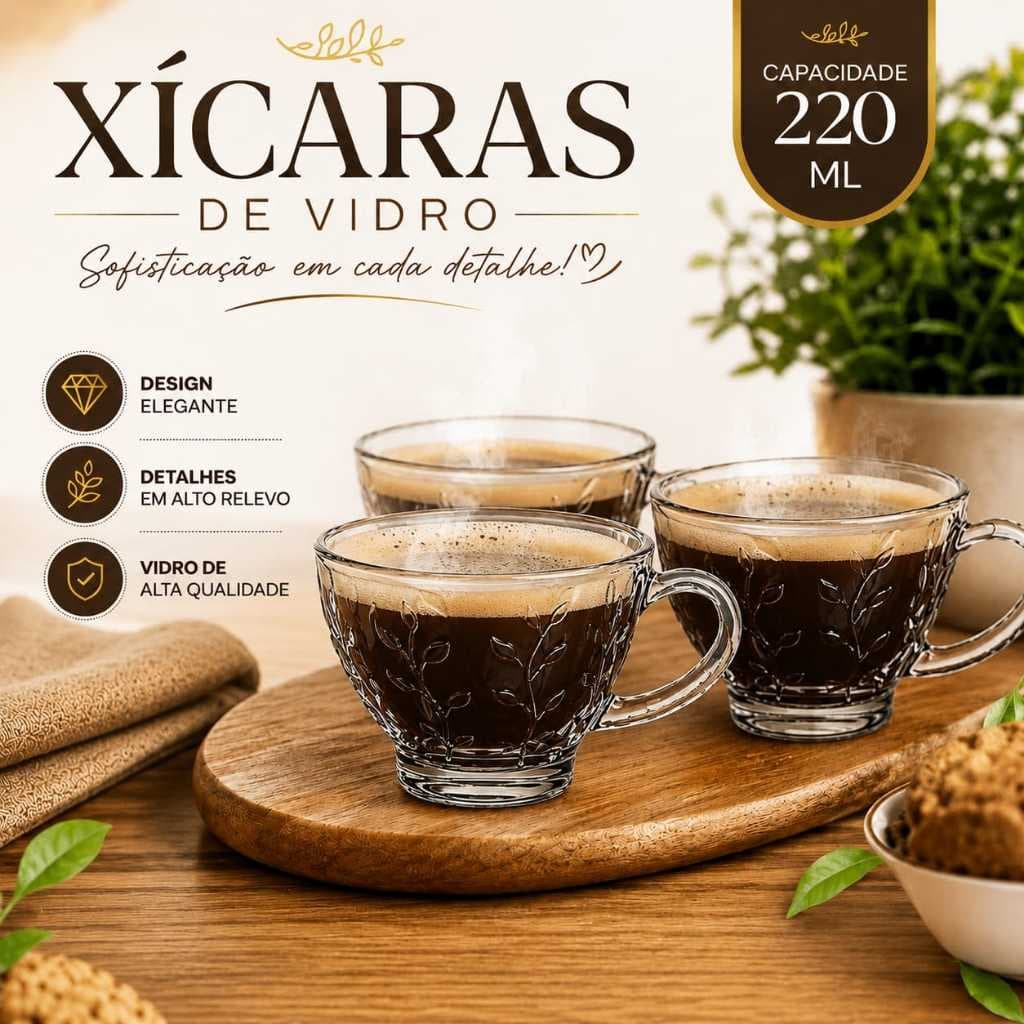 Jogo  Xícaras Lily Floral  Cozinha Café Louça Vidro Crystal 220ml Mesa Xicara Xicaras Vidro
