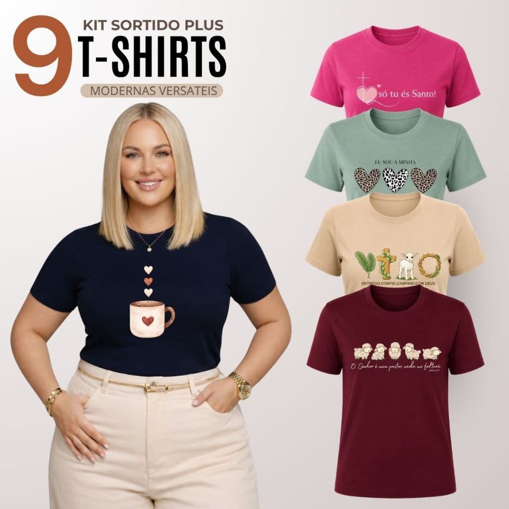 Kit 9 Blusa Feminina Plus Size Manga Curta Gola Redonda Malha 100% Algodão Premium Roupas Femininas