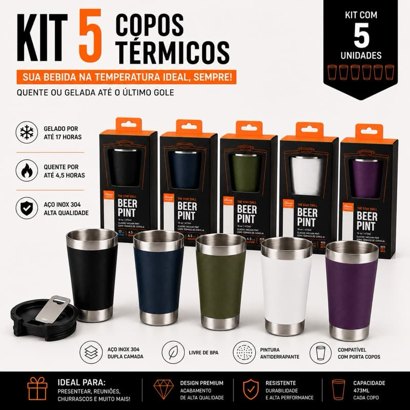Kit 5 Copos Térmicos 473ml Inox Parede Dupla Cerveja Café Bebidas Quentes e Geladas Diversas Cores Envio Imediato