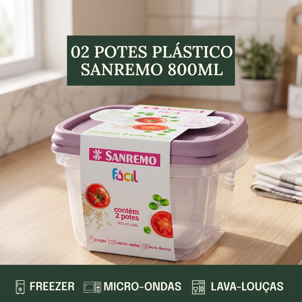 Kit 2 Potes 800ML Quad Plastico Sanremo Linha Fácil