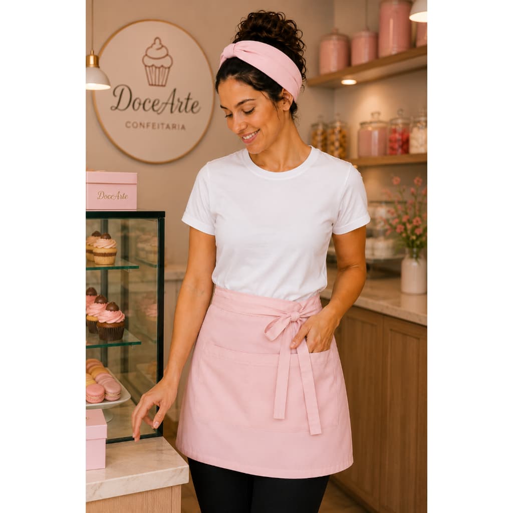Kit Meio Avental + Faixa de Cabelo Oxford Cozinha Confeitaria Padaria Restaurante Uniforme Unissex