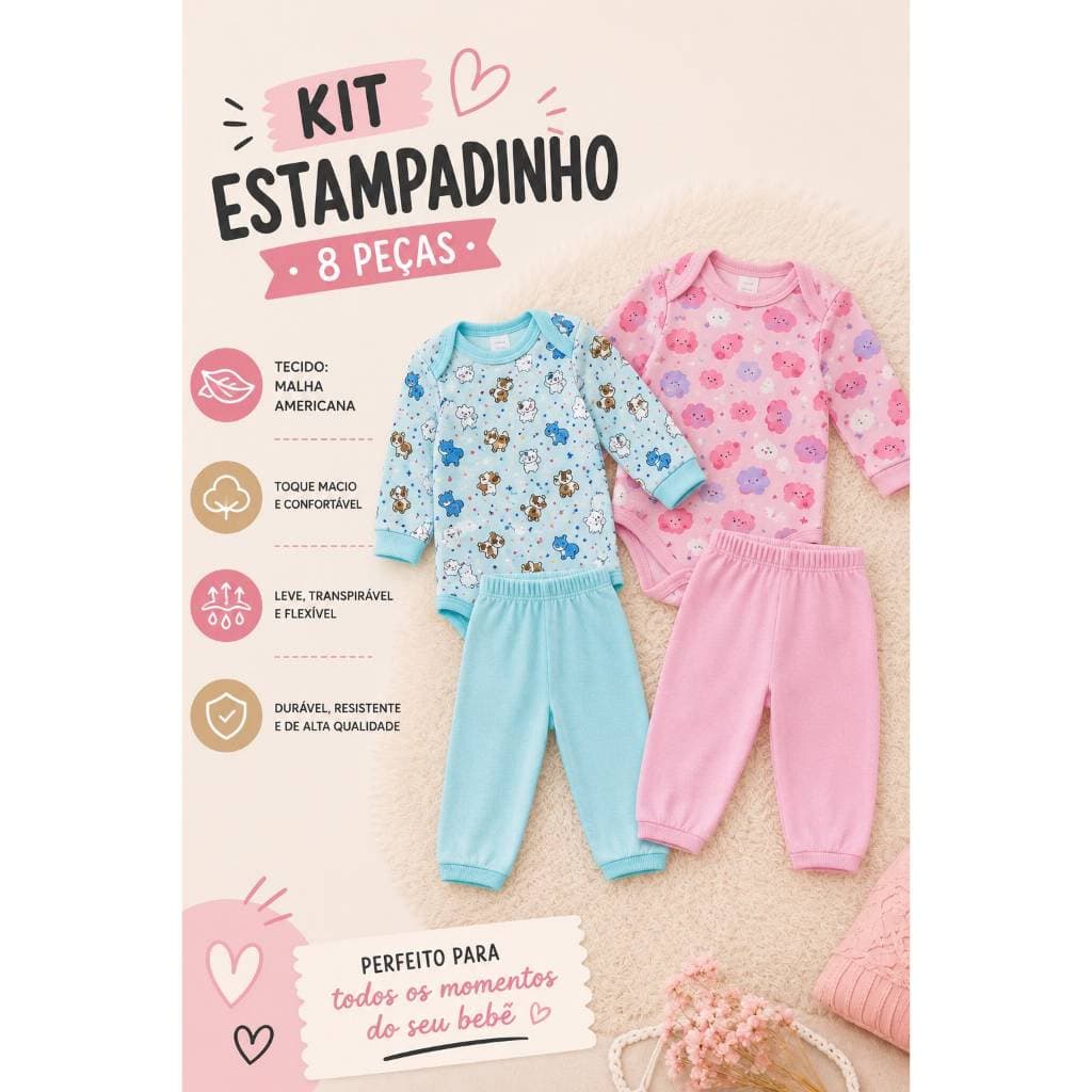 Kit 8 Peças De Body Manga Longa e Mijão Para Bebe
