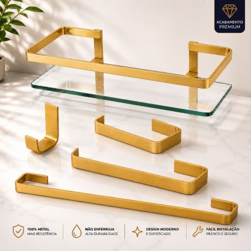 Porta shampoo reto 30cm  + kit para banheiro 4 peças no dourado Fosco