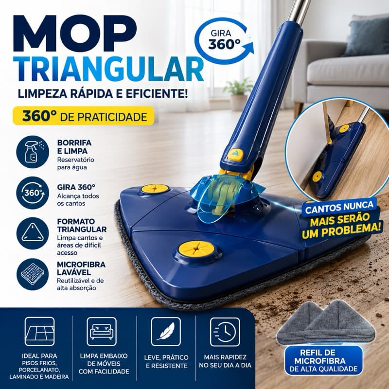 Mop Spray Triangular 360° com Reservatório e Refil de Microfibra | Limpa Cantos, Piso, Vidros e Azulejos