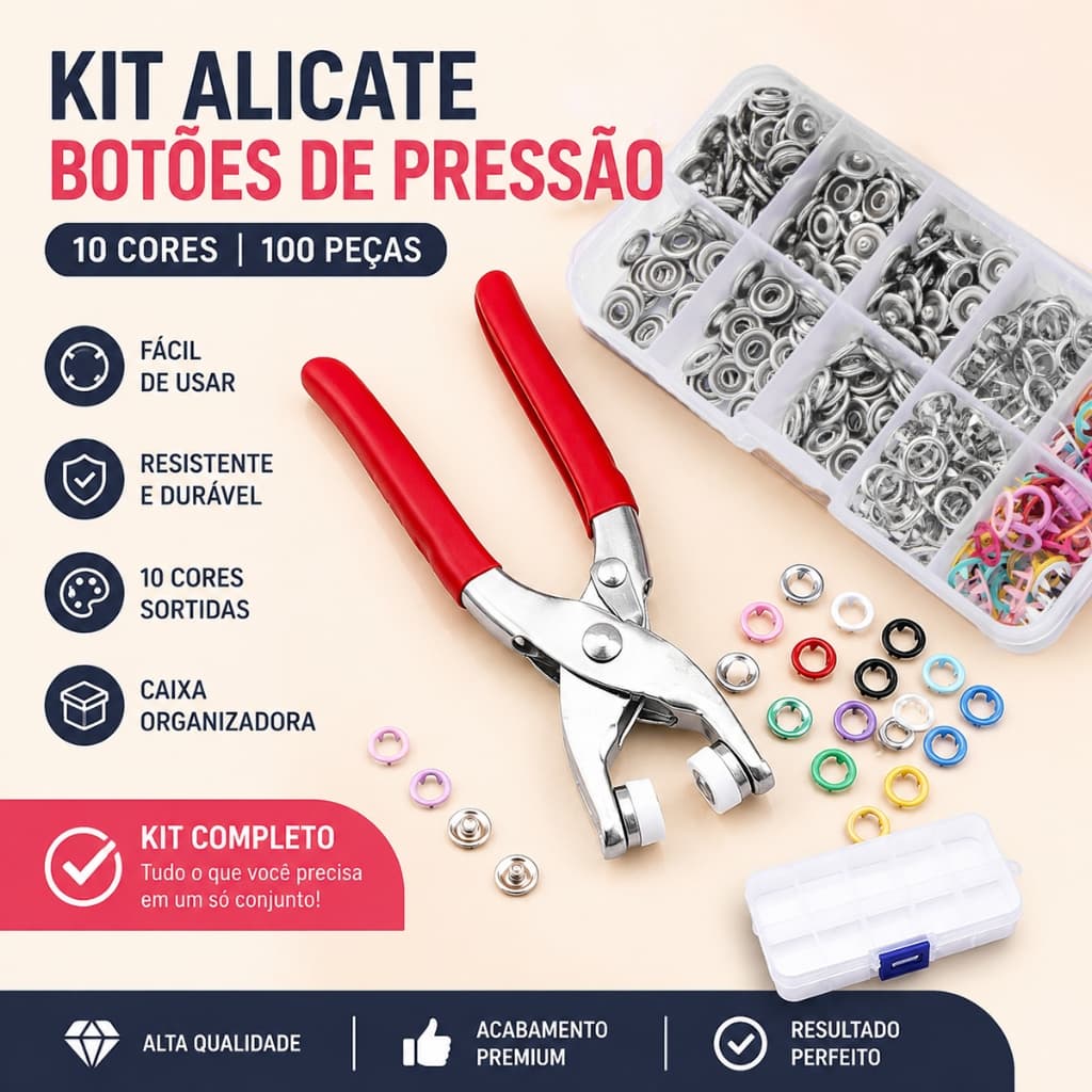 Alicate Aplicador 100 Botões de Pressão de Metal para Roupas Costura e Artesanato Kit Completo Prático
