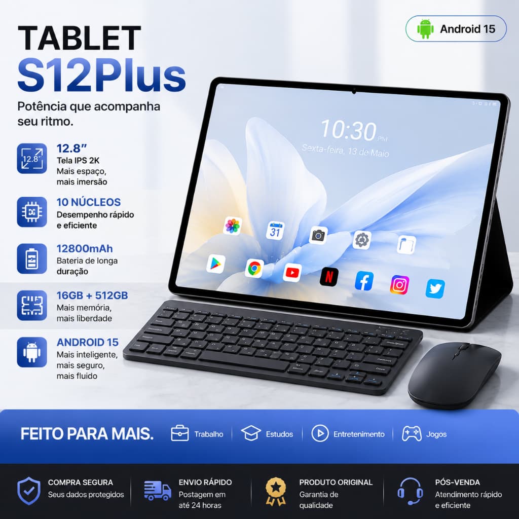 With Free Keyboard and Mouse | Tab S12 Plus 12.8" FHD Screen [16+512GB] | 12800mAh battery | WiFi/5G LTE