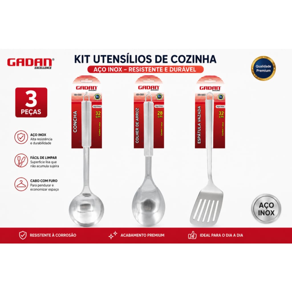 Kit Utensílios Cozinha Inox Gadan 3 Peças Concha Colher de Arroz Espátula Vazada Resistente