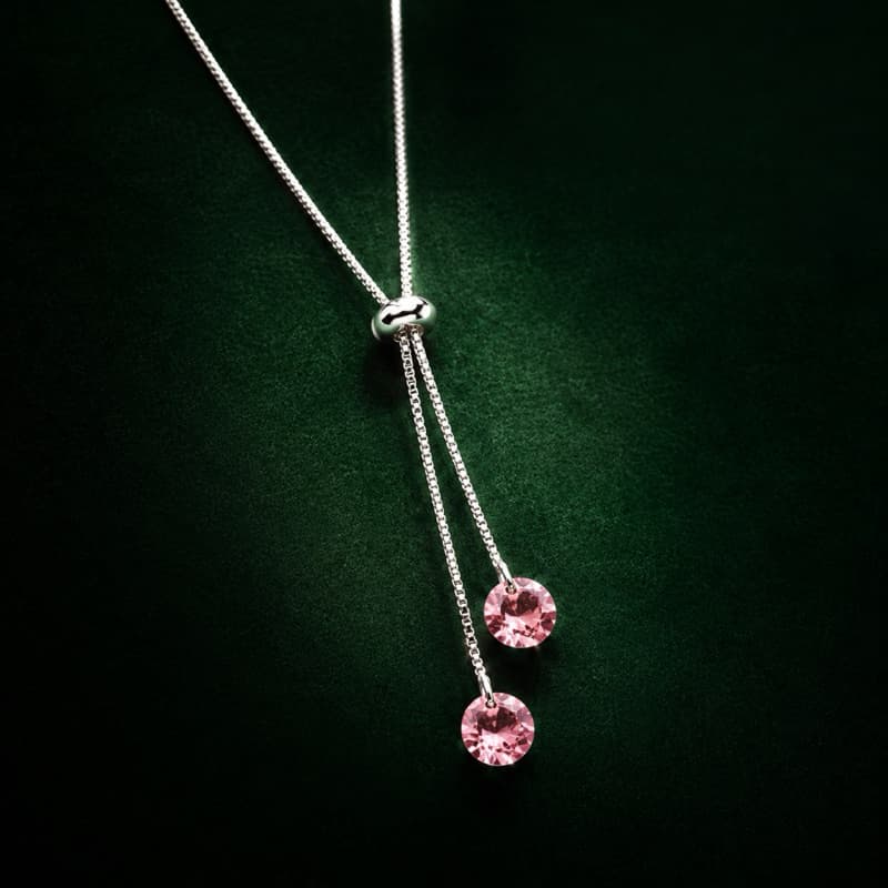 Colar Gravata Prata 925 com Zircônias Redondas Rosa Bebê Elegante