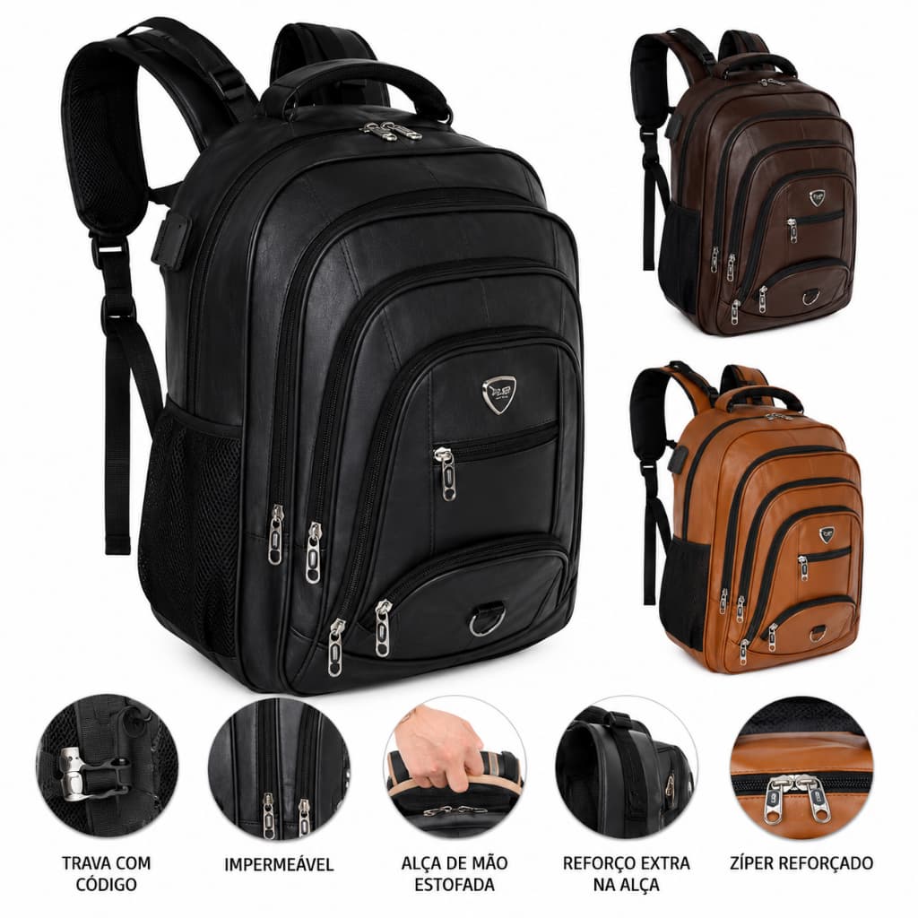 Mochila Masculina Feminina Couro PU Reforçada Impermeável com USB Antifurto para Trabalho e Viagem