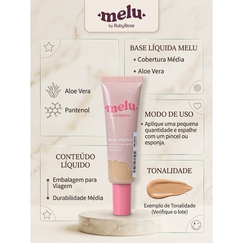 Base Líquida Melu Ruby Rose Cobertura Média Aloe Vera Pantenol Acabamento Natural 30ml