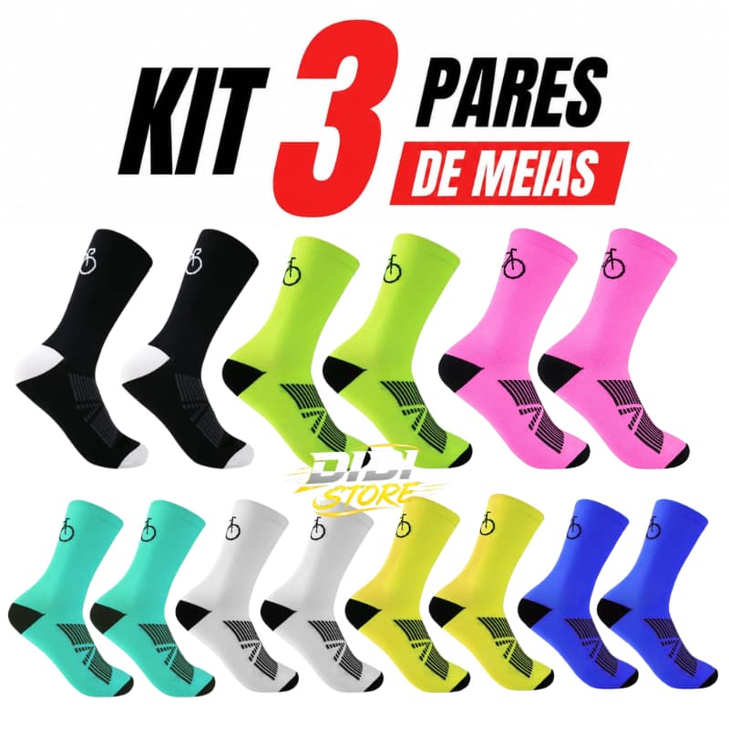 Kit 3 Pares de Meias de Ciclismo Compressão Cano Médio Bike Speed MTB Corrida Esportiva Unissex