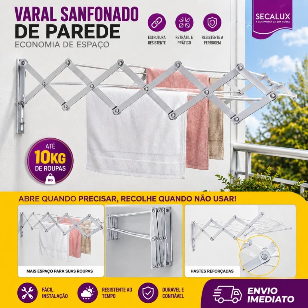 Varal De Roupa Retratil Sanfonado Parede Tamanhos 80cm 100cm 120cm Retratil