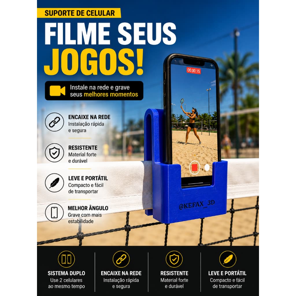 Suporte Duplo de Celular para Rede Beach Tennis Tênis Vôlei Badminton | Gravar Jogos e Treinos