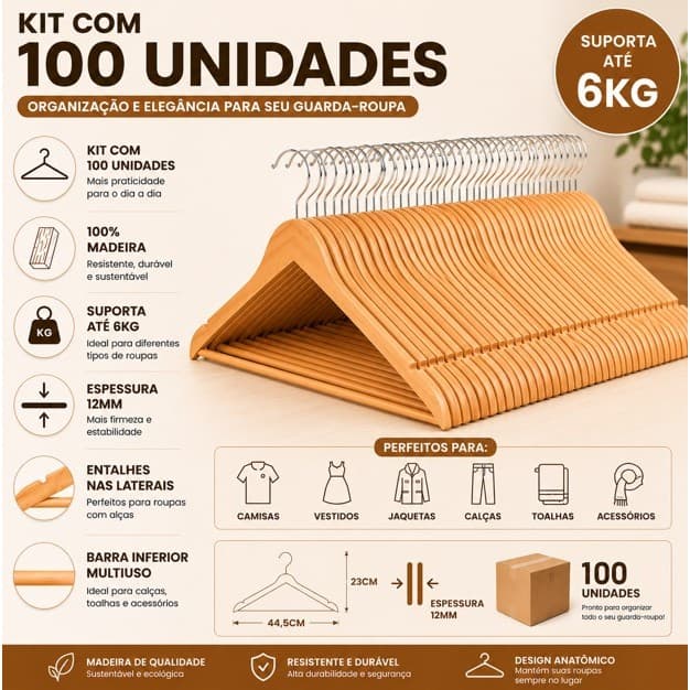 Kit 100 Cabides de Madeira Marfim Adulto Antideslizante