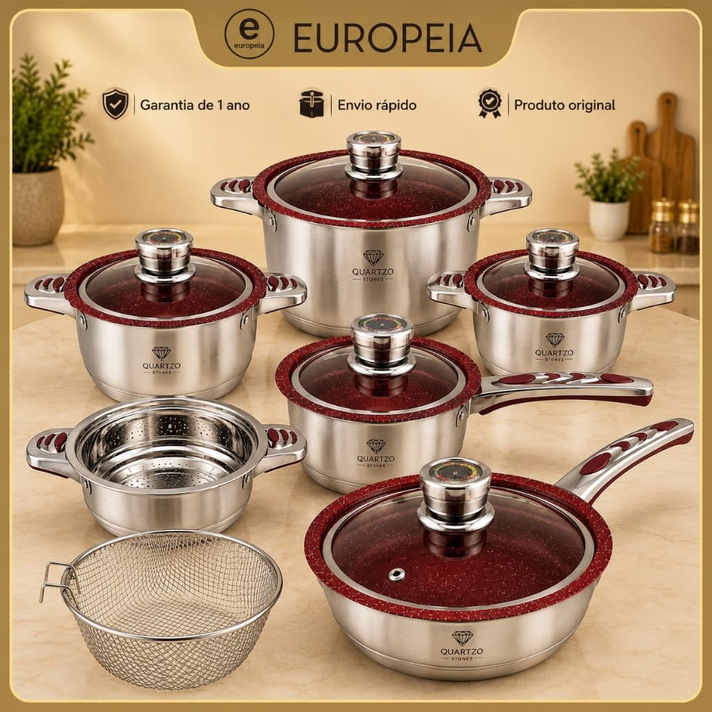 Jogo de Panelas Alemã Kit 23 peças Quartzo Stones Aço inox com Revestimento Cerâmico Antiaderente
